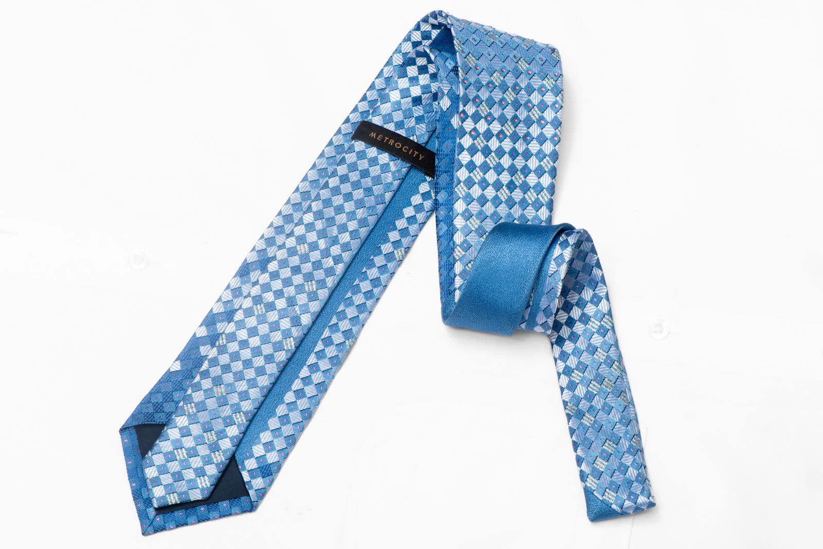 Blue Checkered Rhinestone Silk Tie With Purple Sparkles - Image 3