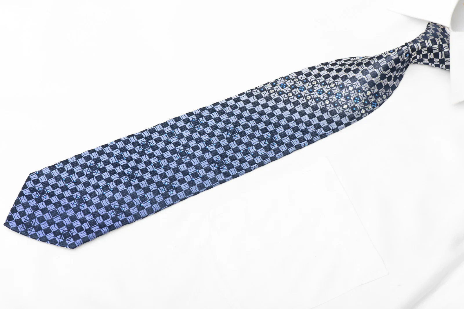 Blue Checkered Silk Tie With Rhinestones & Silver Sparkles - Image 3