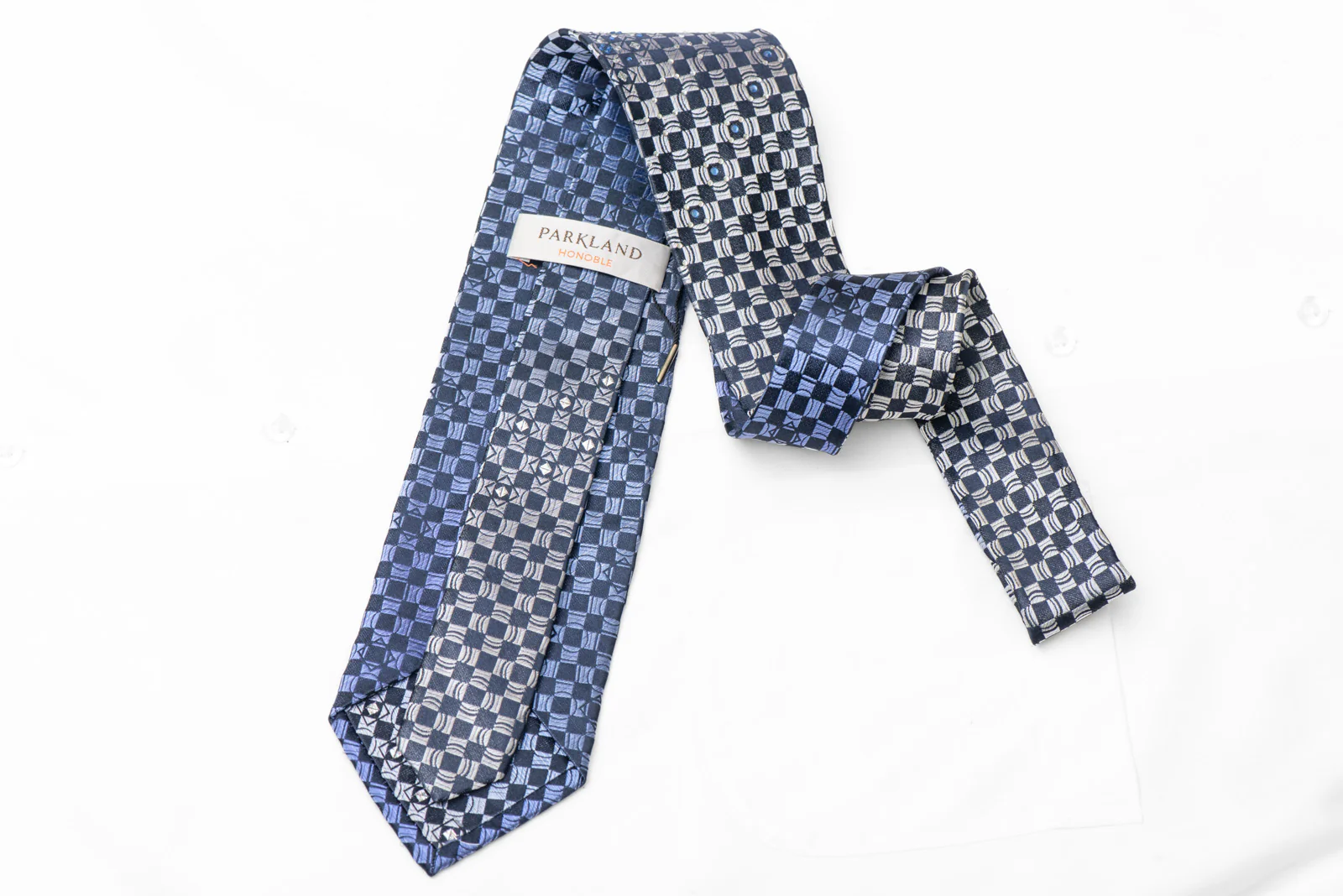 Blue Checkered Silk Tie With Rhinestones & Silver Sparkles - Image 4