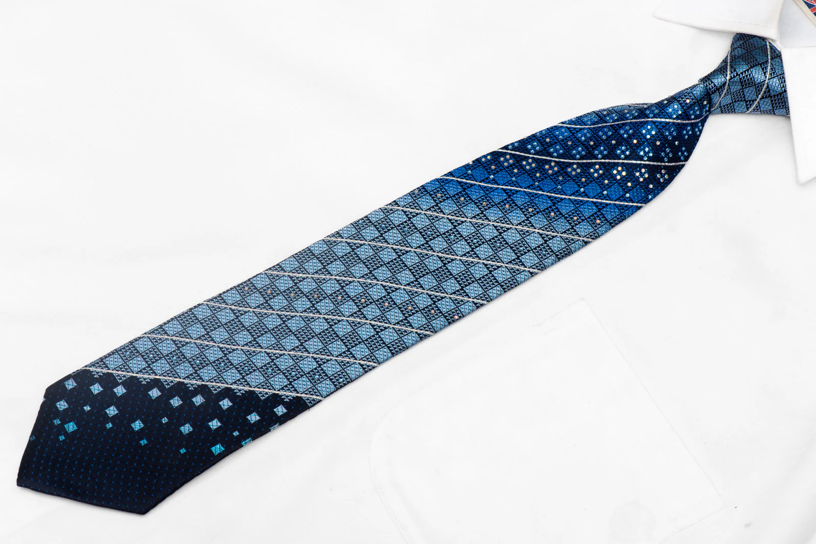 Blue Checkered & Silver Striped On Navy Blue Rhinestone Silk Tie With Sparkles - Image 2