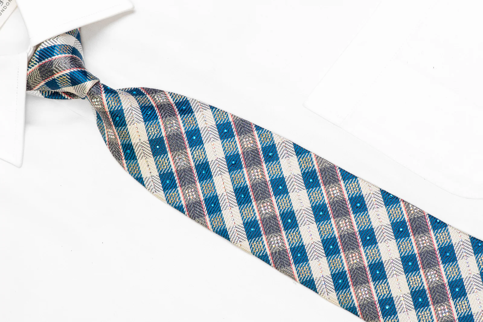 Blue Cream Gray Plaid Rhinestone Necktie With Gold Sparkles - Image 2