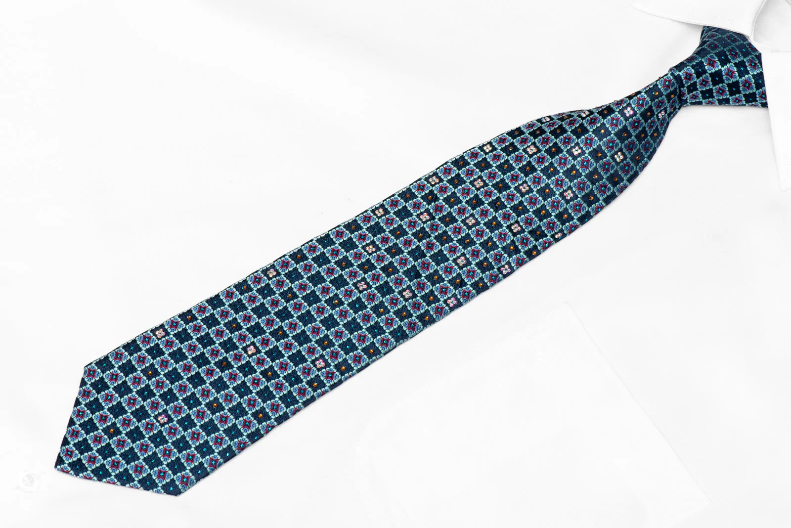 Blue Floral Checkered Rhinestone Silk Tie With Blue Sparkles - Image 2