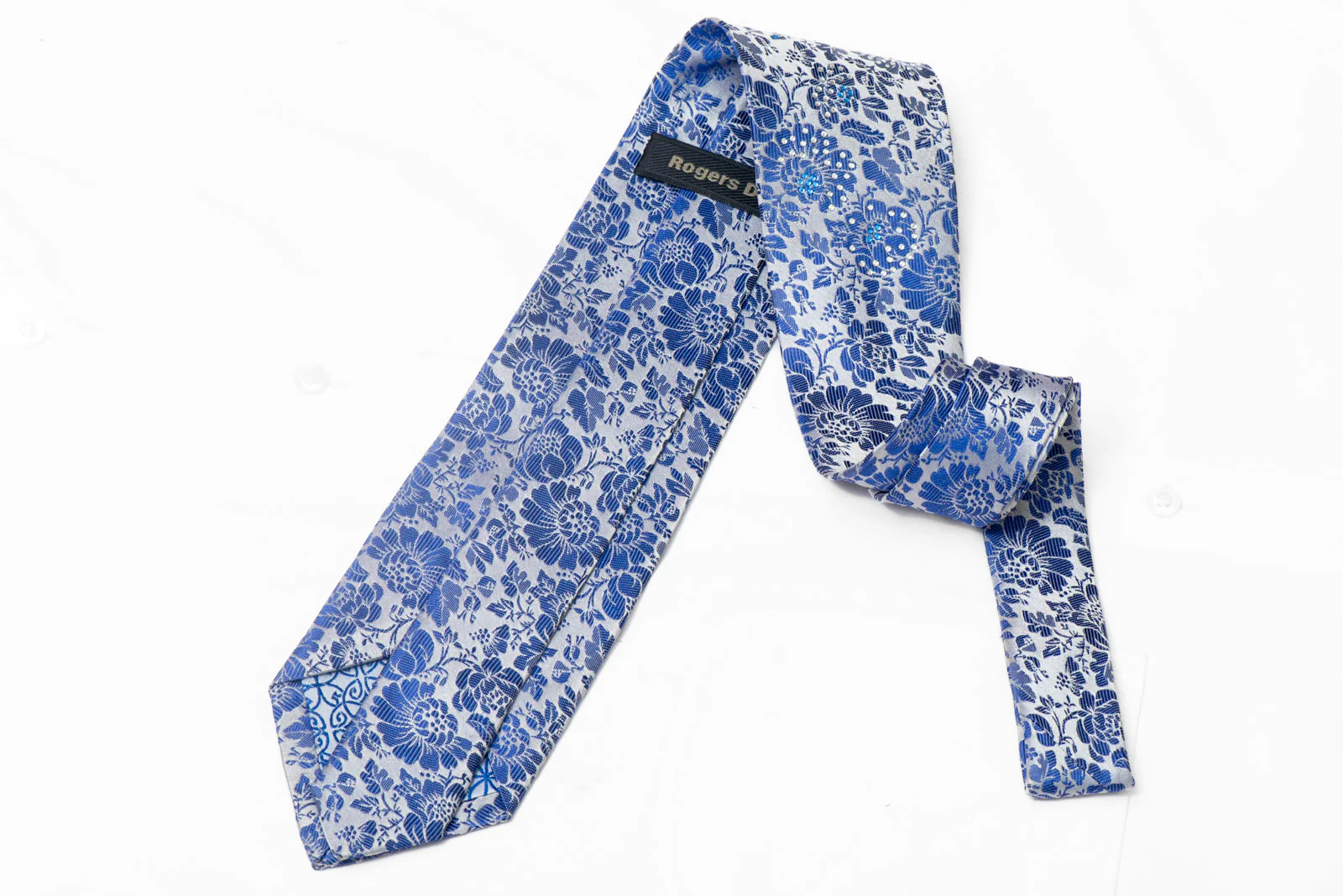 Blue Floral On Silver Rhinestone Silk Necktie - Image 3