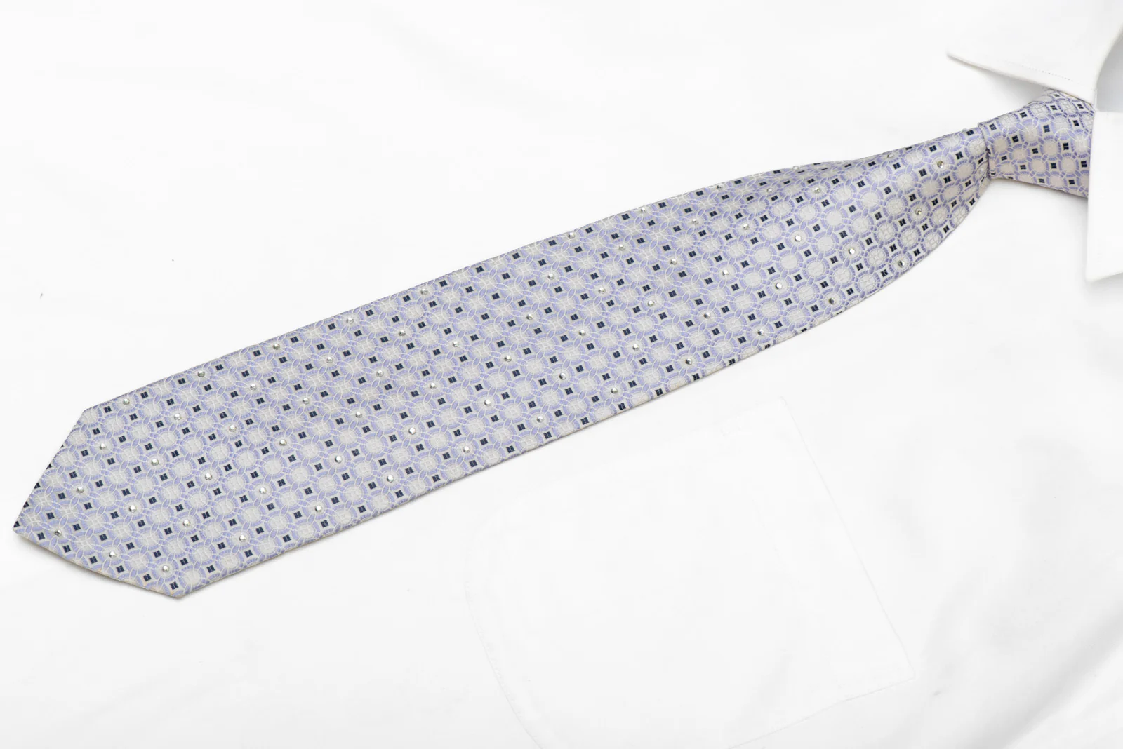 Blue Geometric Circles On White Rhinestone Silk Necktie - Image 3