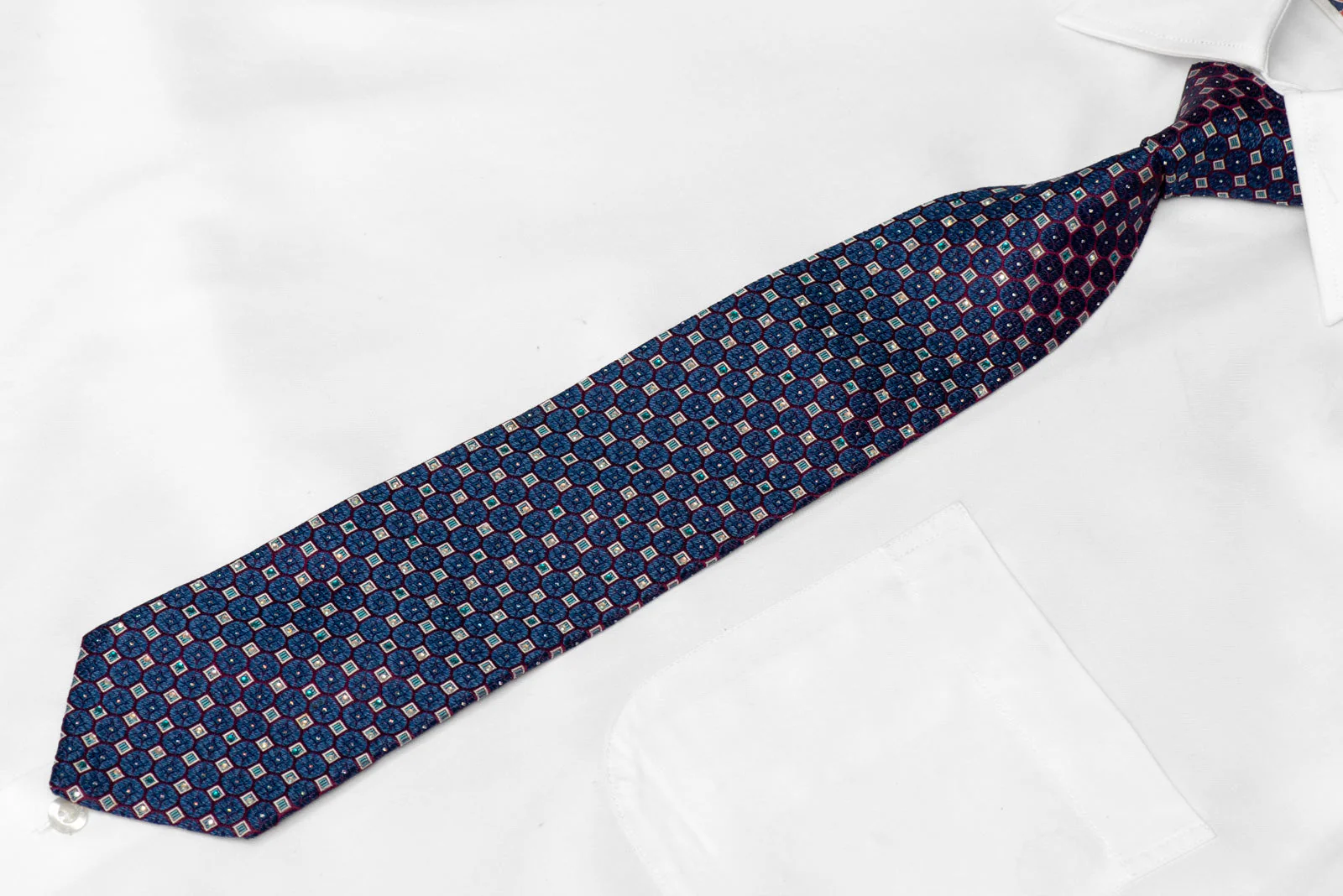 Blue Geometric On Burgundy Rhinestone Silk Tie With Silver Sparkles - Image 2
