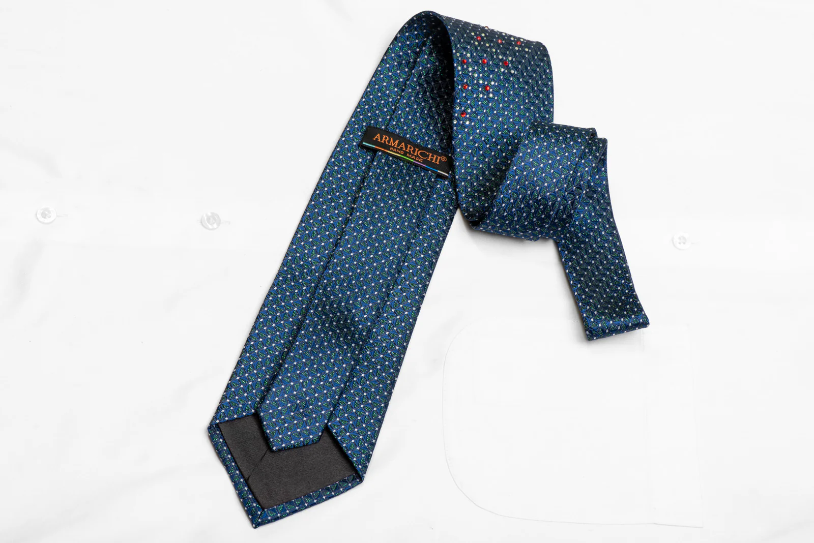 Blue Geometric On Gray Rhinestone Silk Necktie With Green Sparkles - Image 4