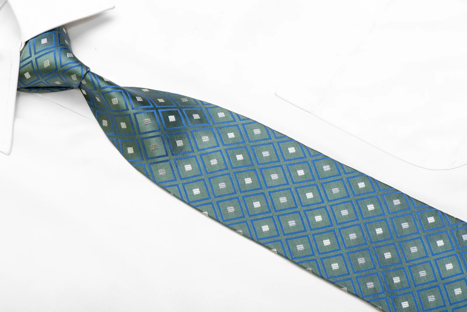 Blue Geometric On Green Men's Silk Necktie - Image 2