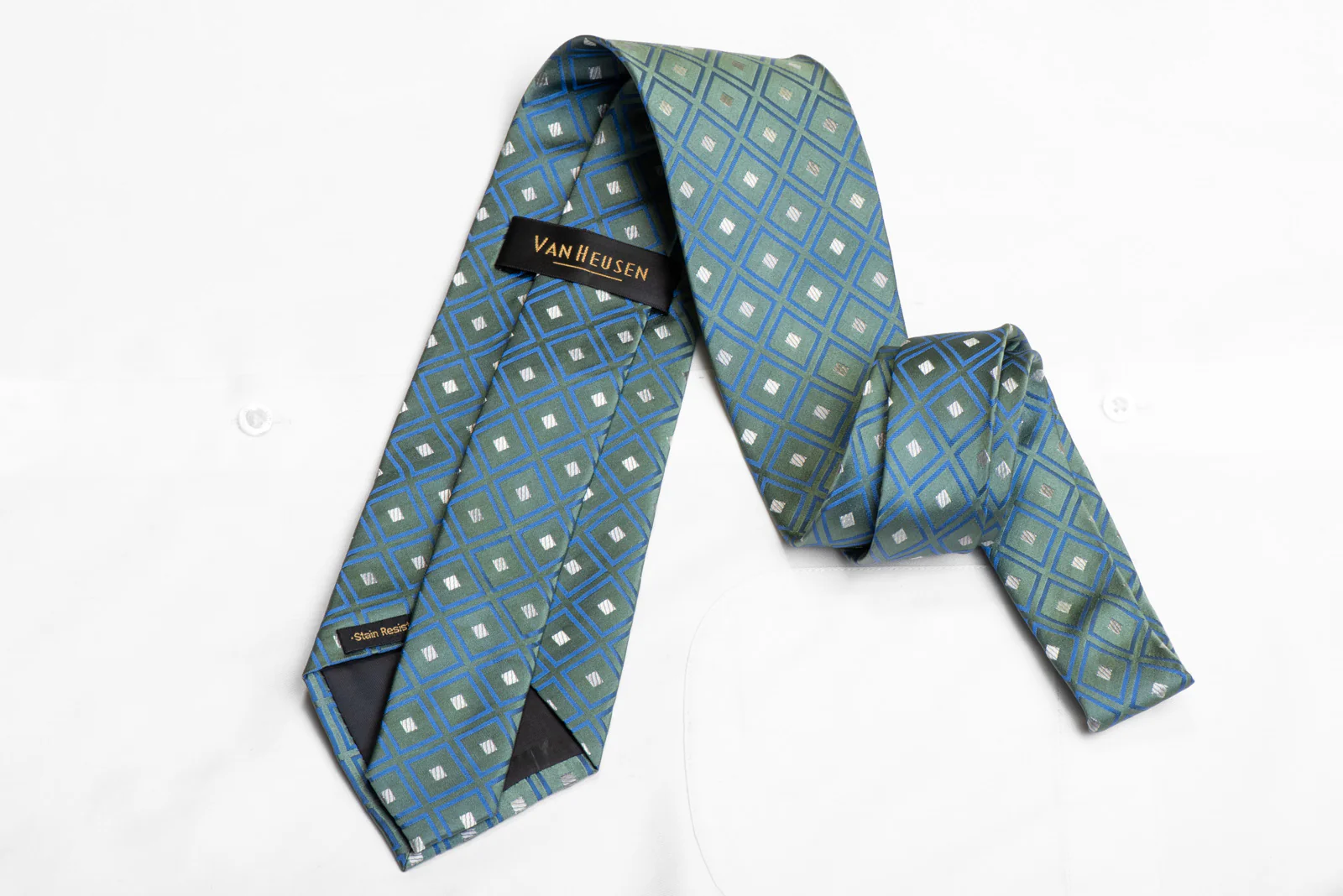 Blue Geometric On Green Men's Silk Necktie - Image 3