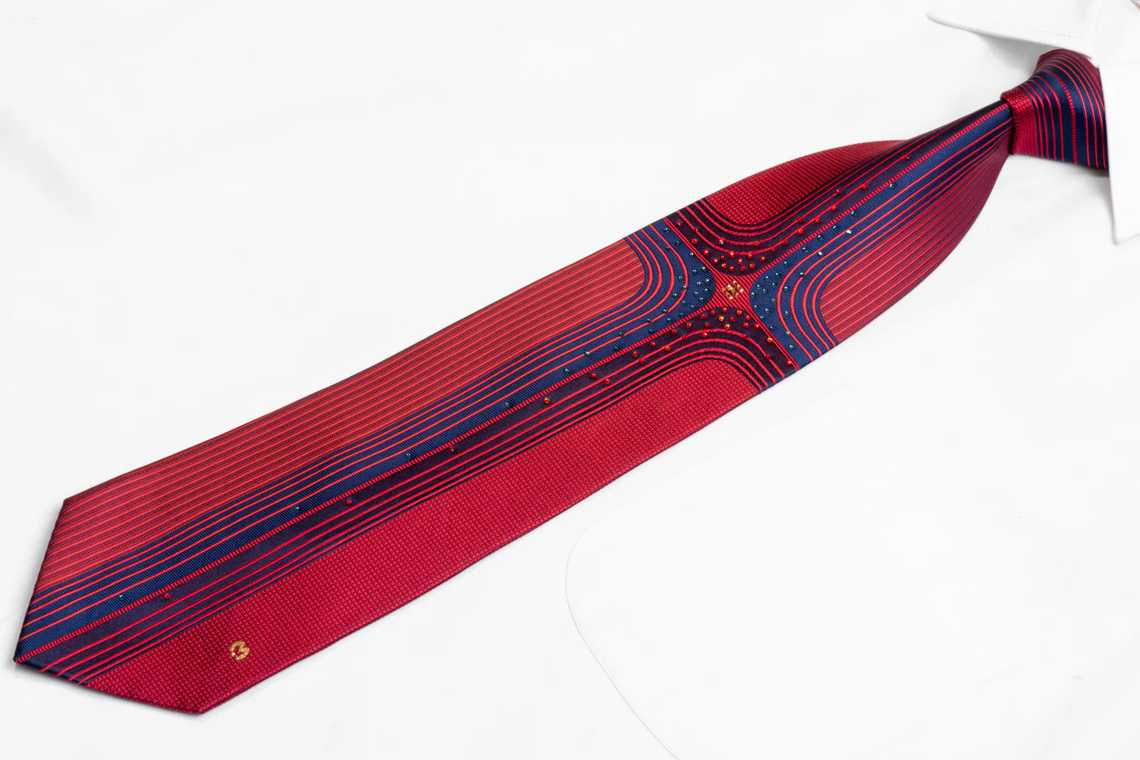 Blue Geometric On Red Rhinestone Silk Necktie With Gold Sparkles - Image 3