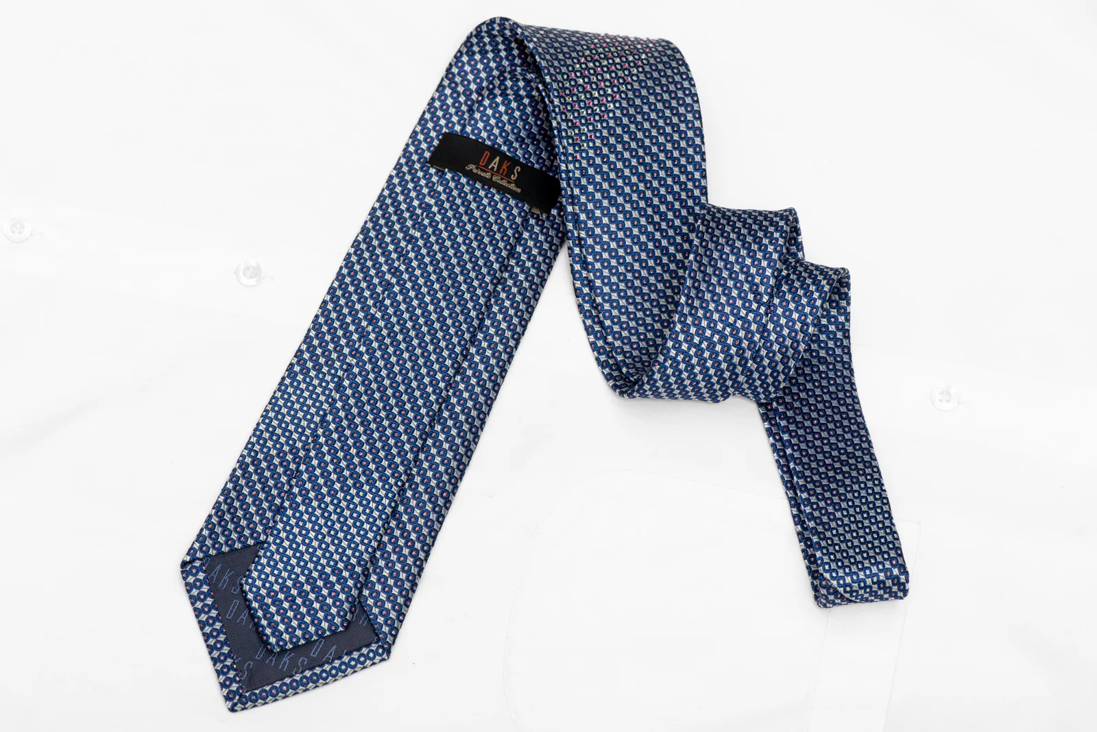 Blue Geometric On Silver Rhinestone Silk Necktie With Silver Sparkles - Image 4