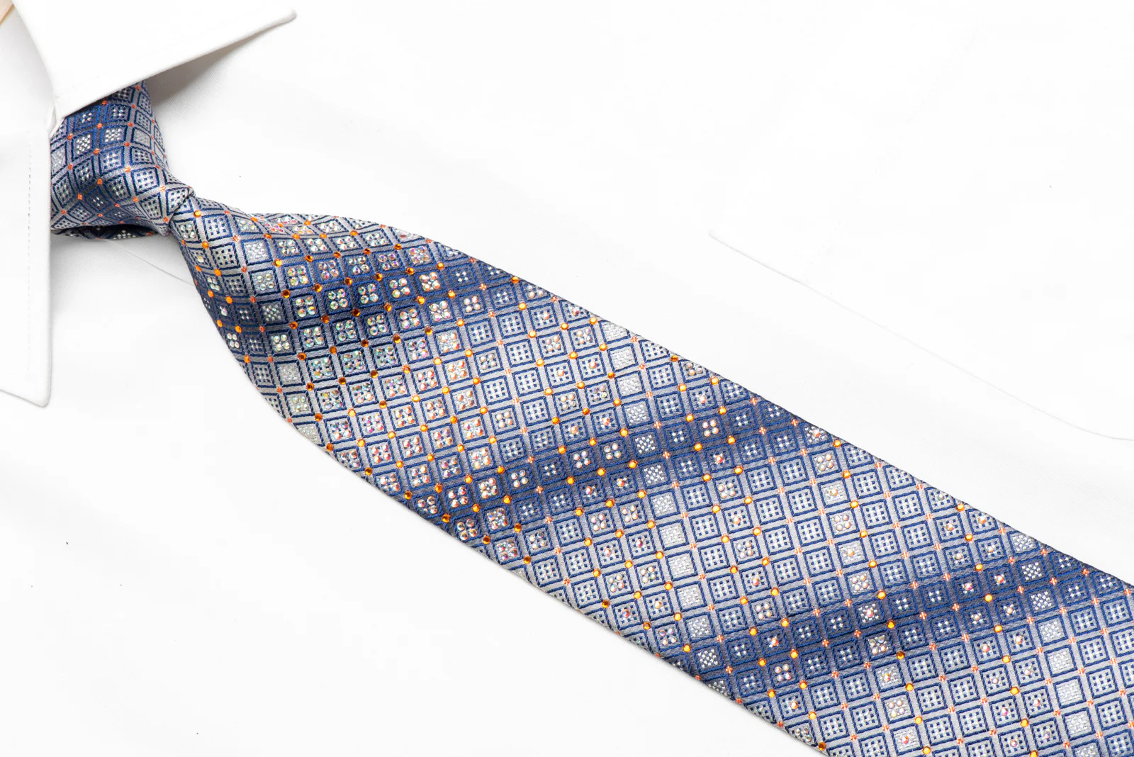 Blue Geometric On Silver Rhinestone Silk Tie With Sparkles - Image 2