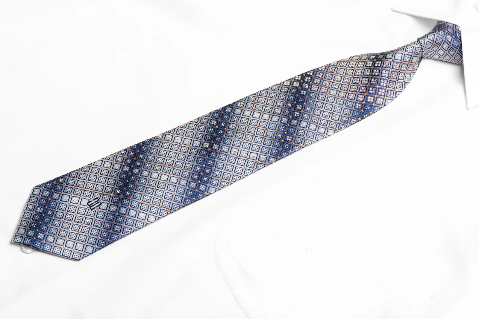 Blue Geometric On Silver Rhinestone Silk Tie With Sparkles - Image 3