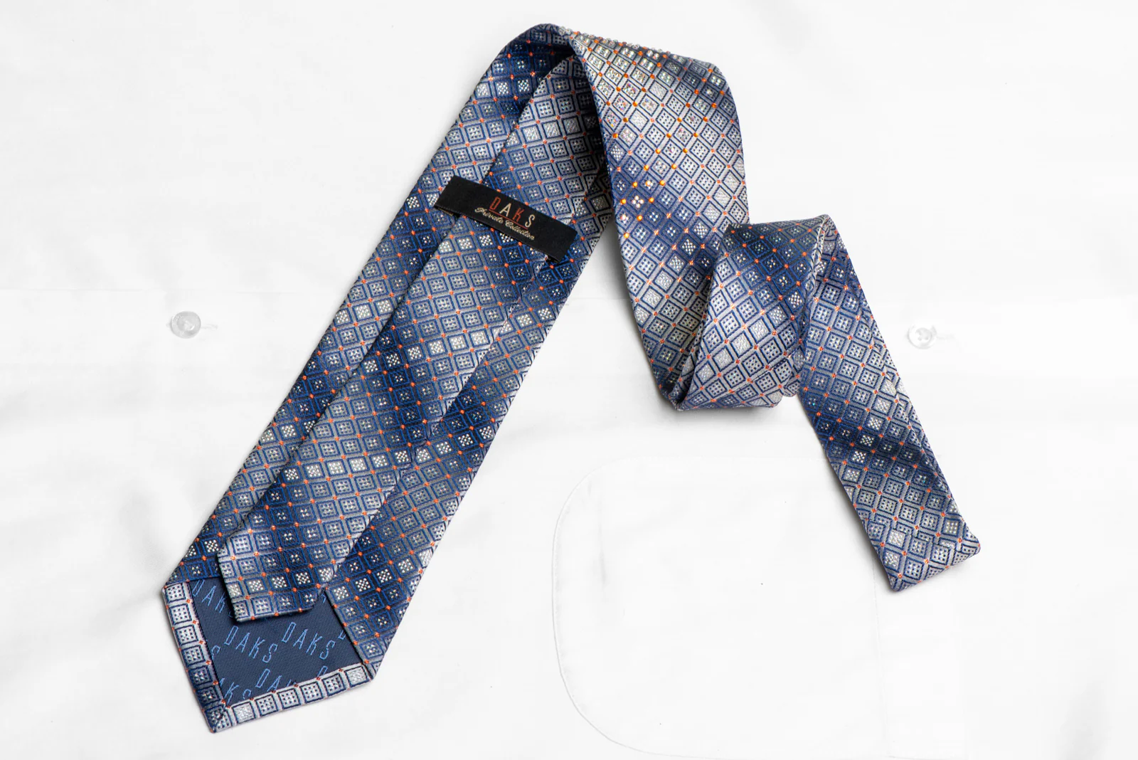 Blue Geometric On Silver Rhinestone Silk Tie With Sparkles - Image 4