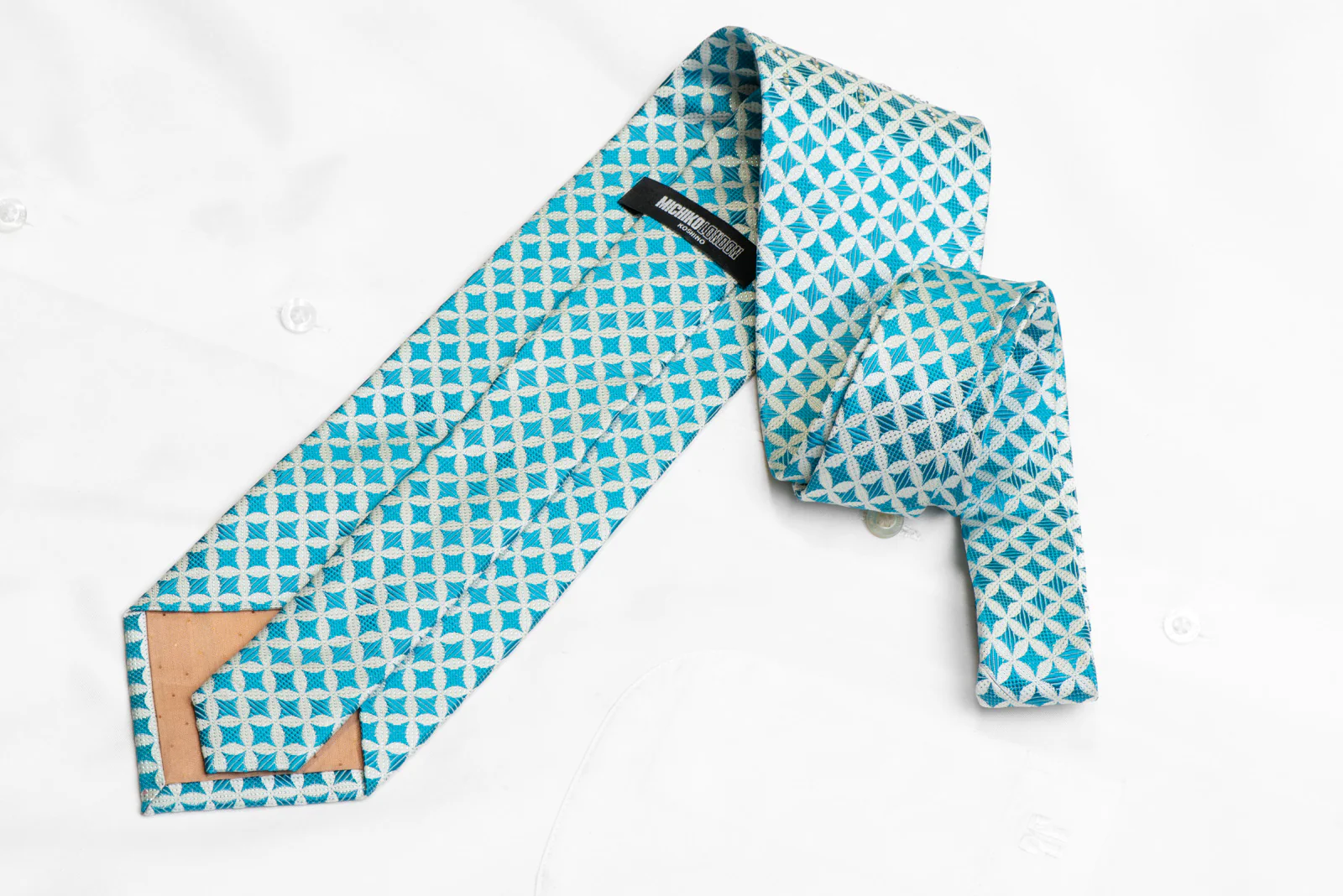 Blue Geometric On White Rhinestone Silk Necktie With Blue Sparkles - Image 4