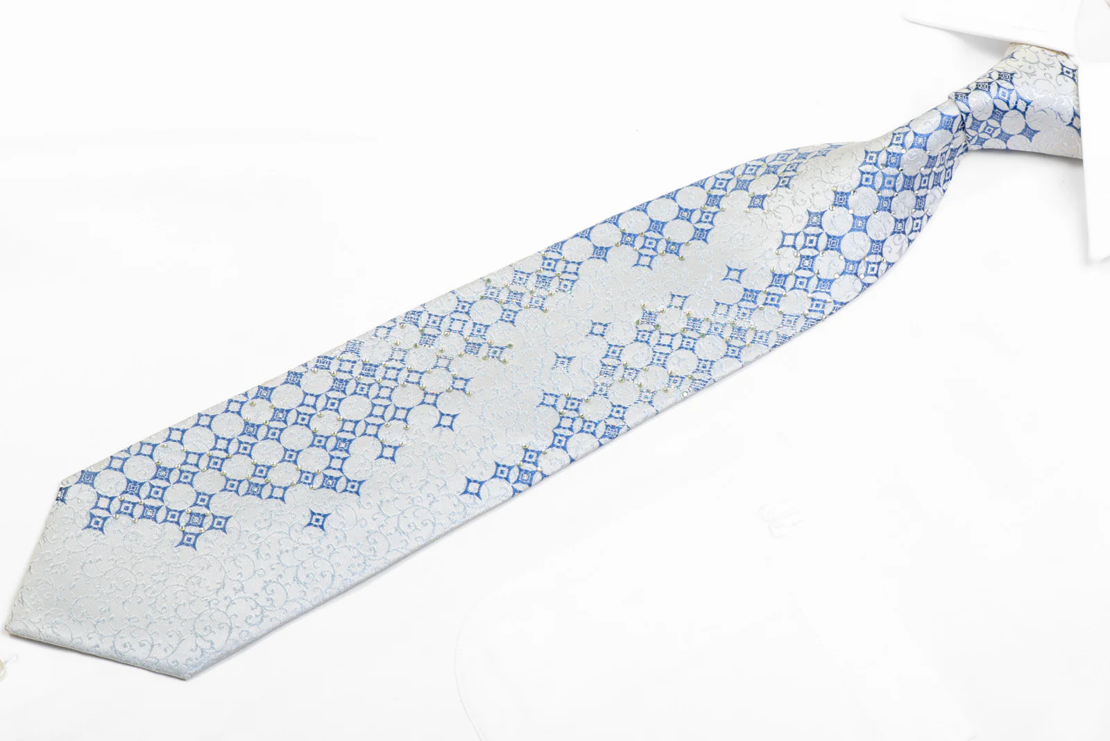Blue Geometric & Scrolls On White Silk Rhinestone Tie With Sparkles - Image 3