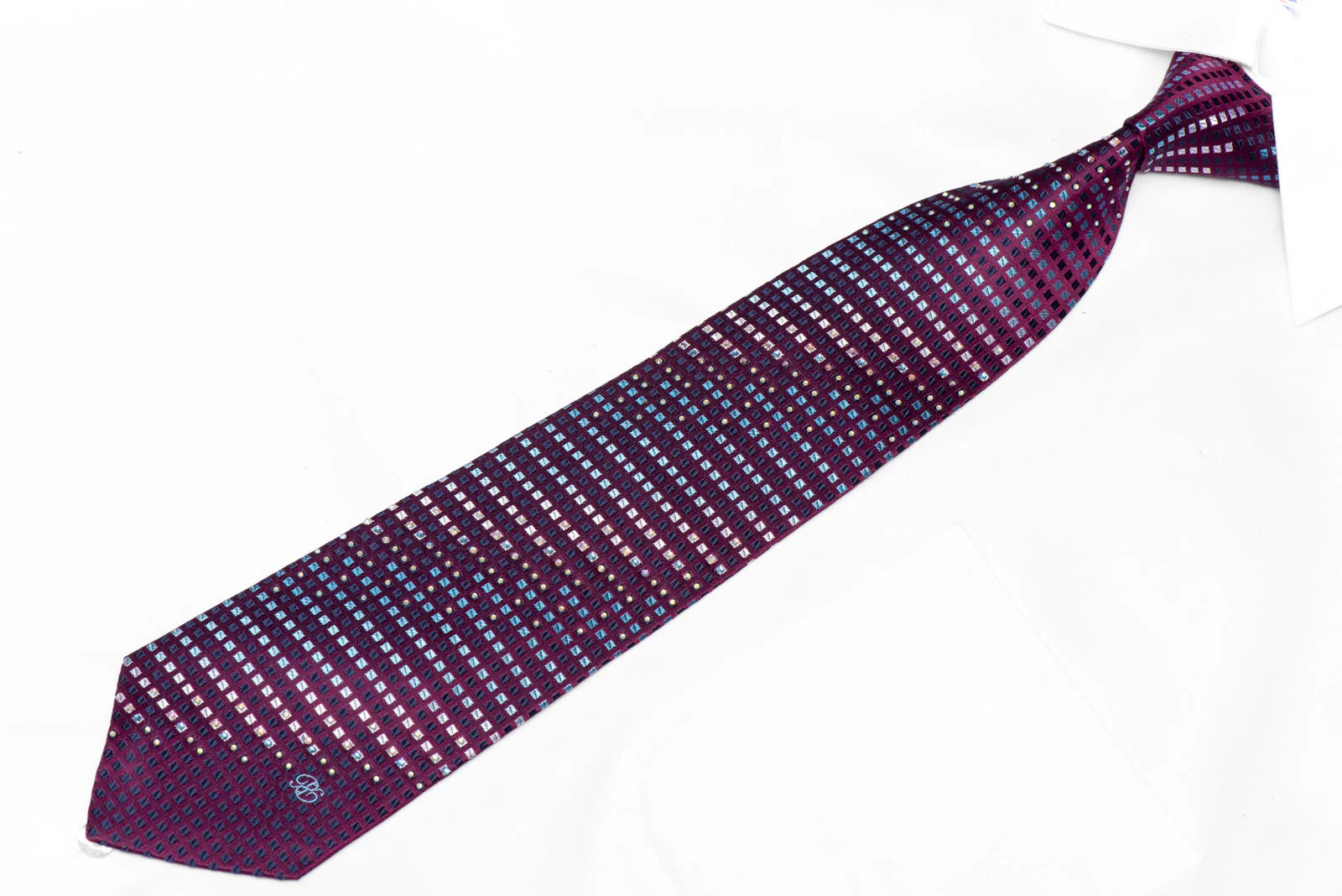 Blue Geometric Squares On Maroon Rhinestone Silk Necktie - Image 2