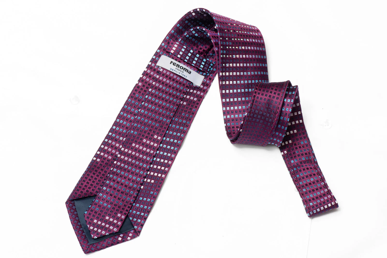 Blue Geometric Squares On Maroon Rhinestone Silk Necktie - Image 3
