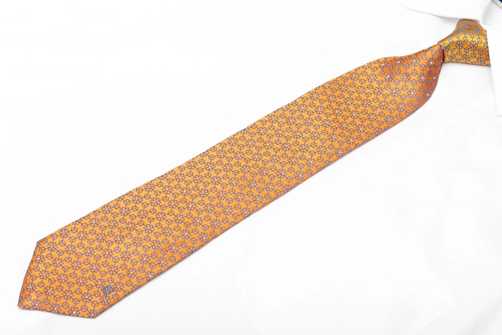 Blue Geometric Trellis On Orange Rhinestone Silk Necktie - Image 2