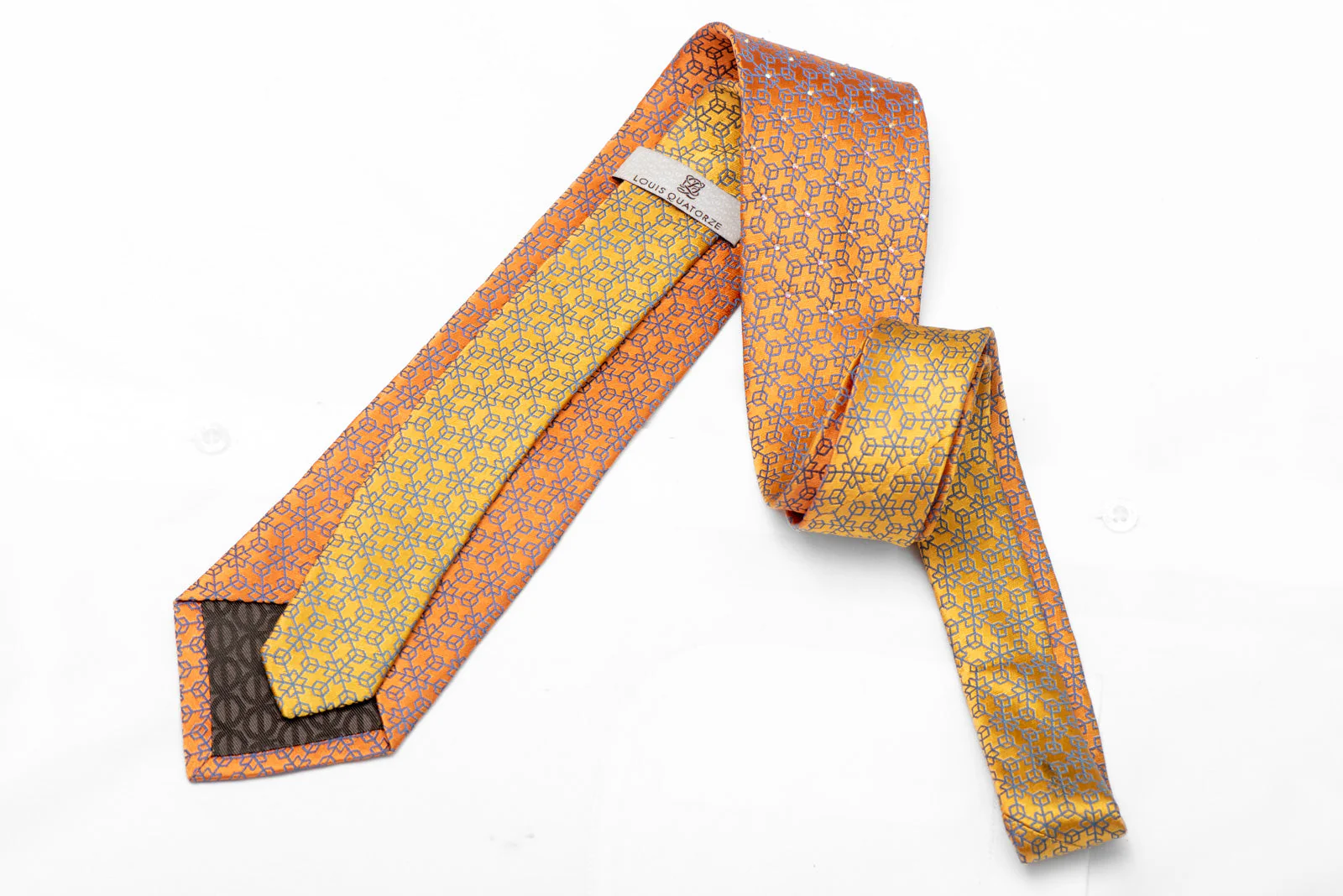 Blue Geometric Trellis On Orange Rhinestone Silk Necktie - Image 3