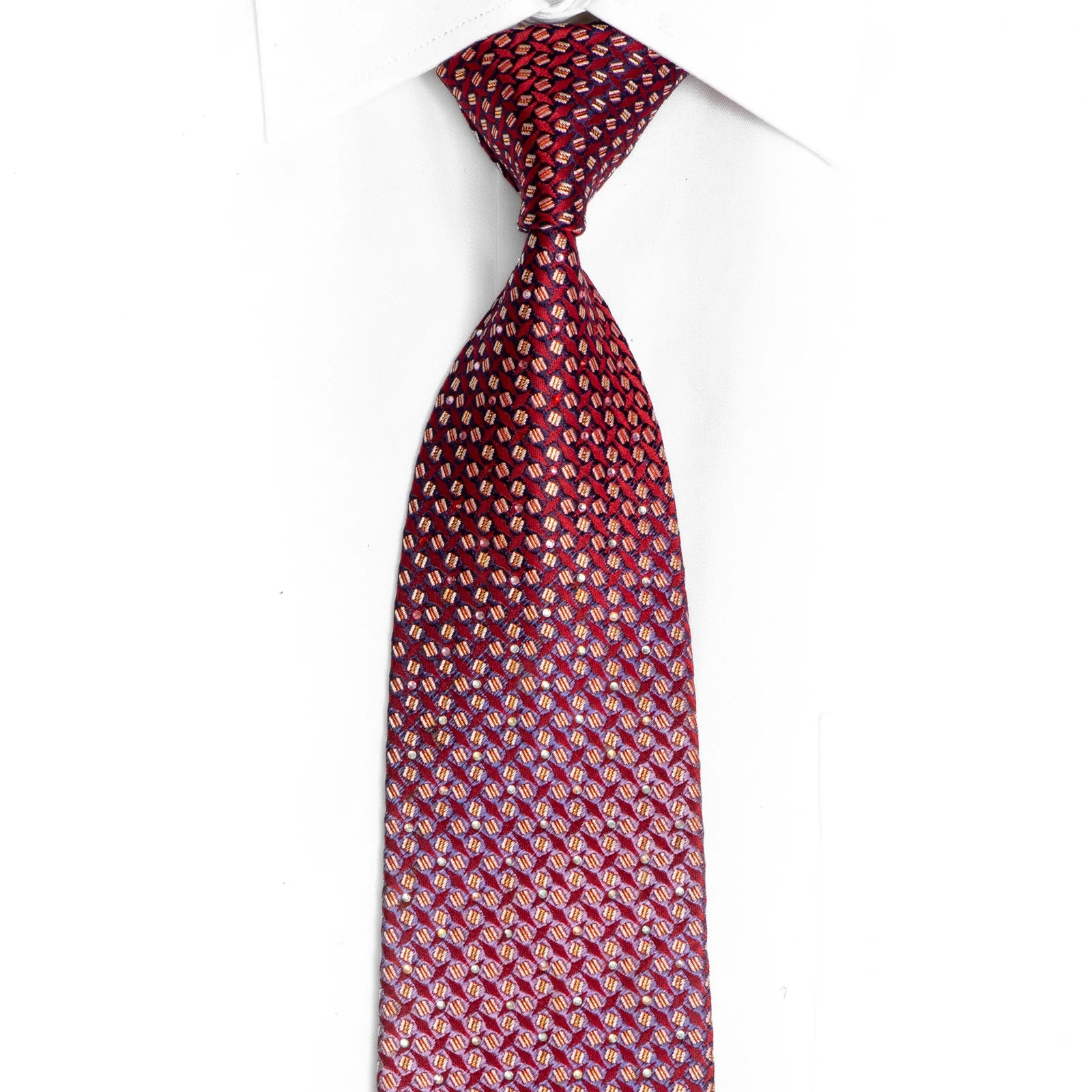 Blue Gold Geometric On Burgundy Rhinestone Silk Tie With Gold Sparkles