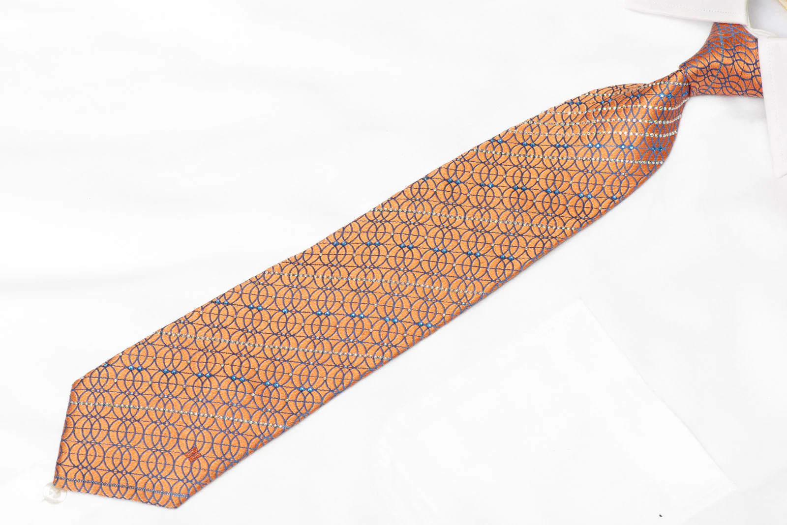 Blue Interlocking Circles On Peach Orange Rhinestone Silk Tie With Sparkles - Image 2