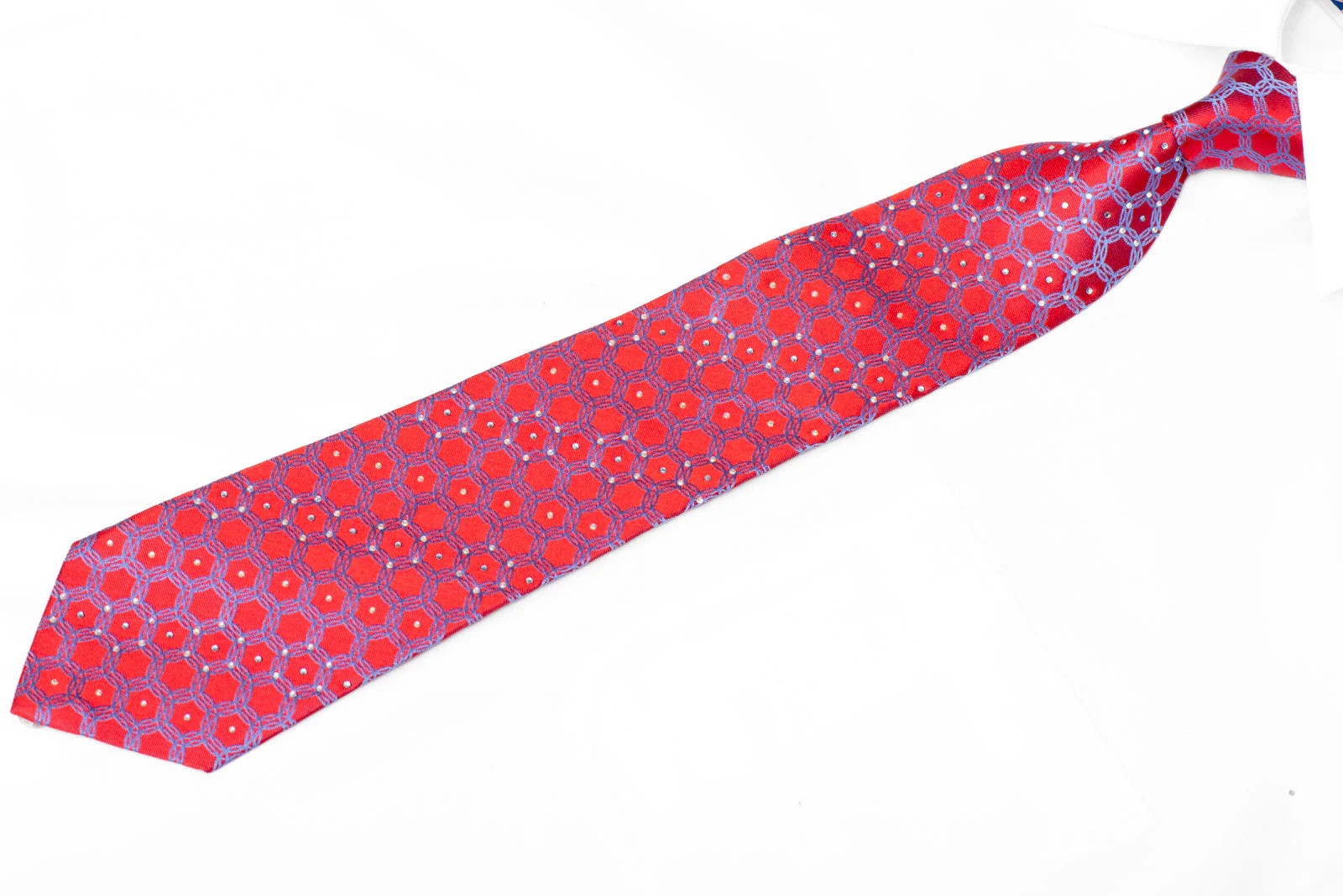 Blue Interlocking Circles On Ruby Red Rhinestone Silk Necktie - Image 2