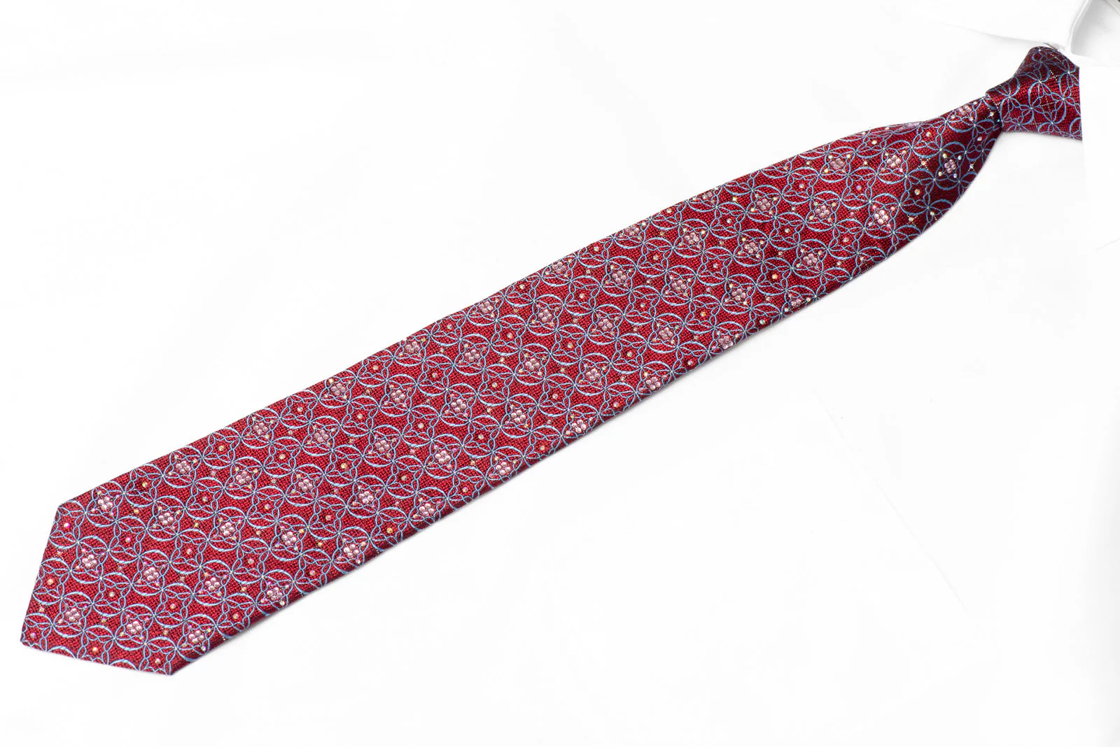 Blue Interlocking Pattern On Burgundy Rhinestone Silk Tie With Sparkles - Image 2