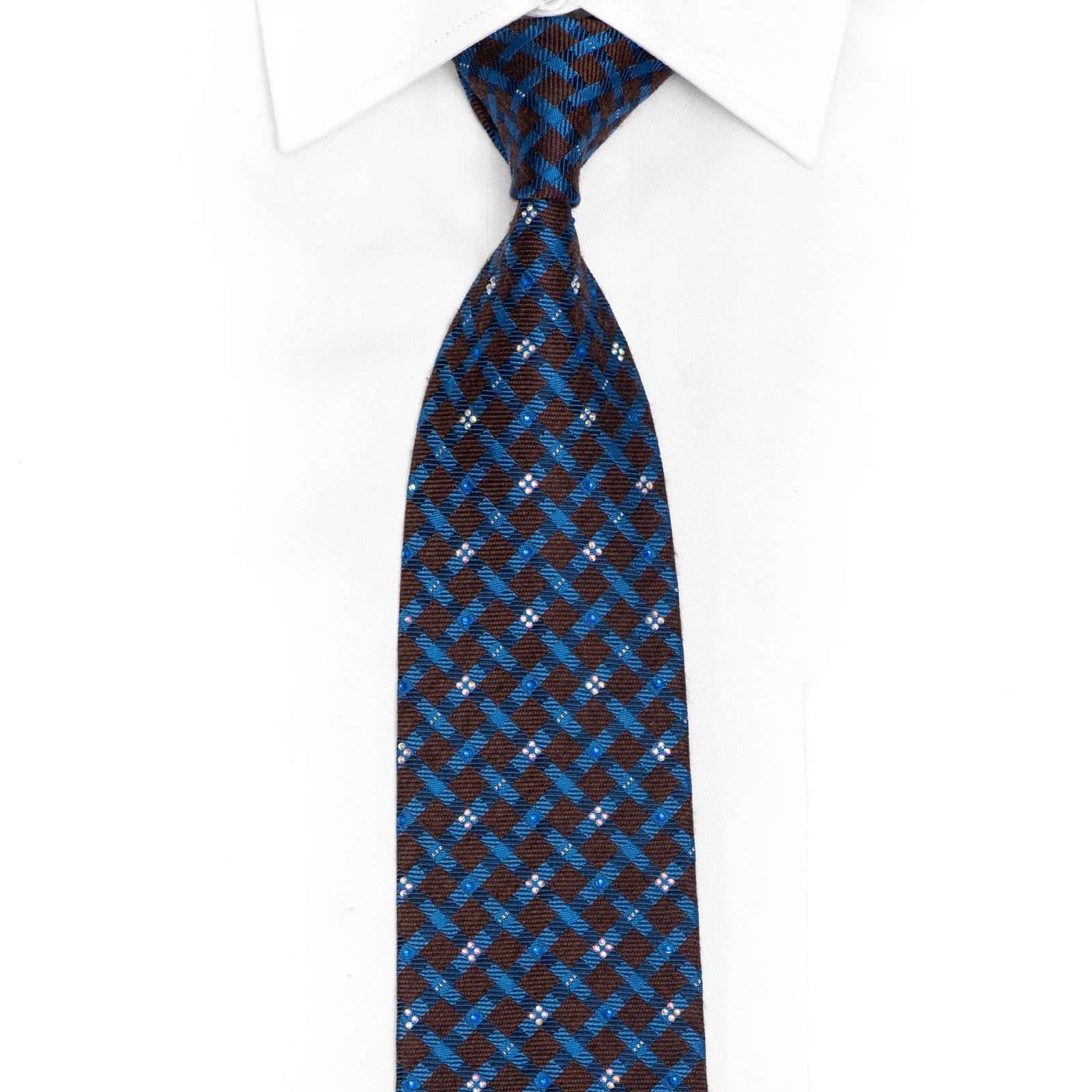 Blue Lattice On Brown Rhinestone Silk Necktie With Silver Sparkles