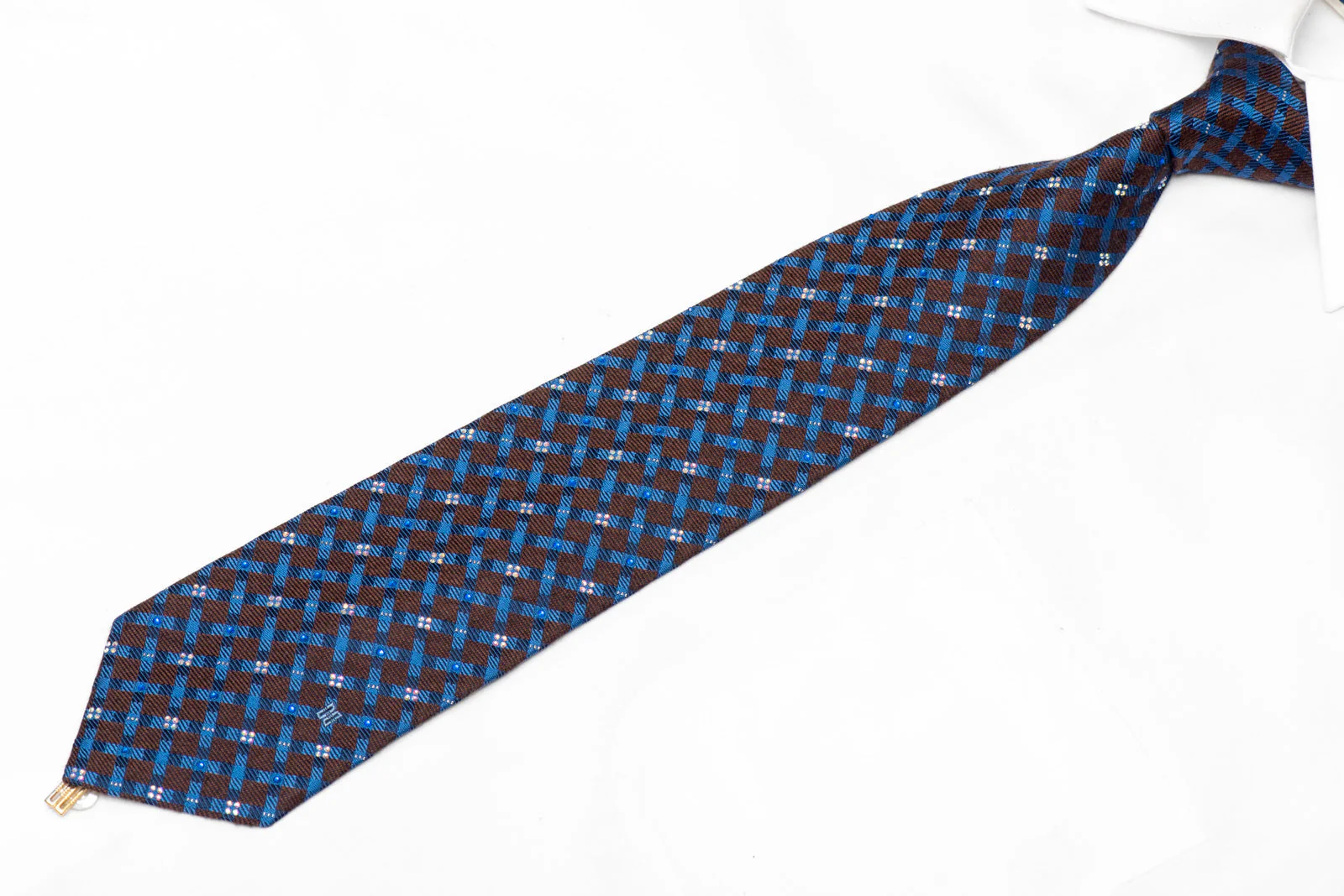 Blue Lattice On Brown Rhinestone Silk Necktie With Silver Sparkles - Image 2