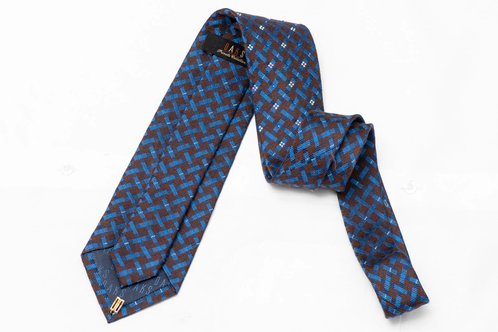 Blue Lattice On Brown Rhinestone Silk Necktie With Silver Sparkles - Image 3