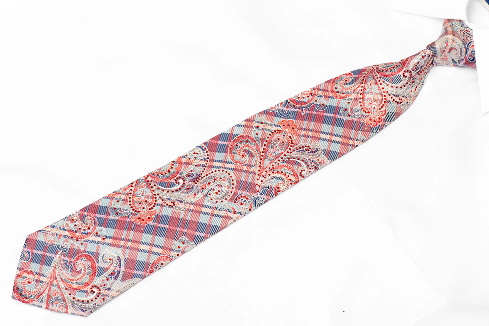 Blue Pink Silver Plaid & Paisley Rhinestone Silk Tie - Image 2