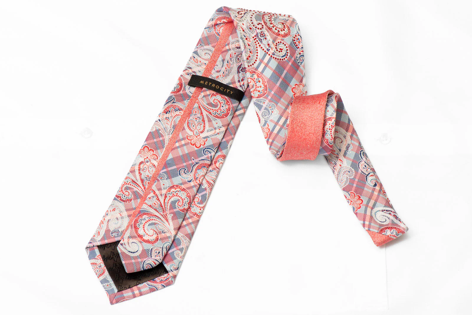 Blue Pink Silver Plaid & Paisley Rhinestone Silk Tie - Image 3