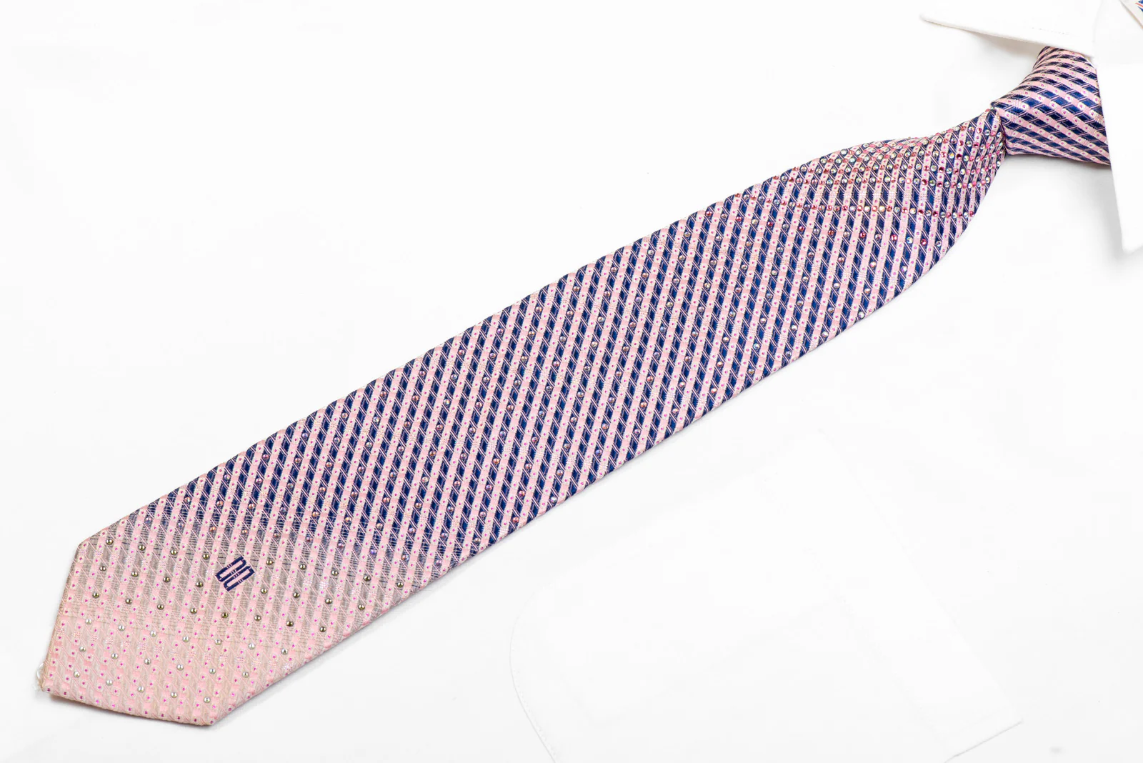 Blue Pink Geometric Striped Rhinestone Silk Necktie With Pink Sparkles - Image 3