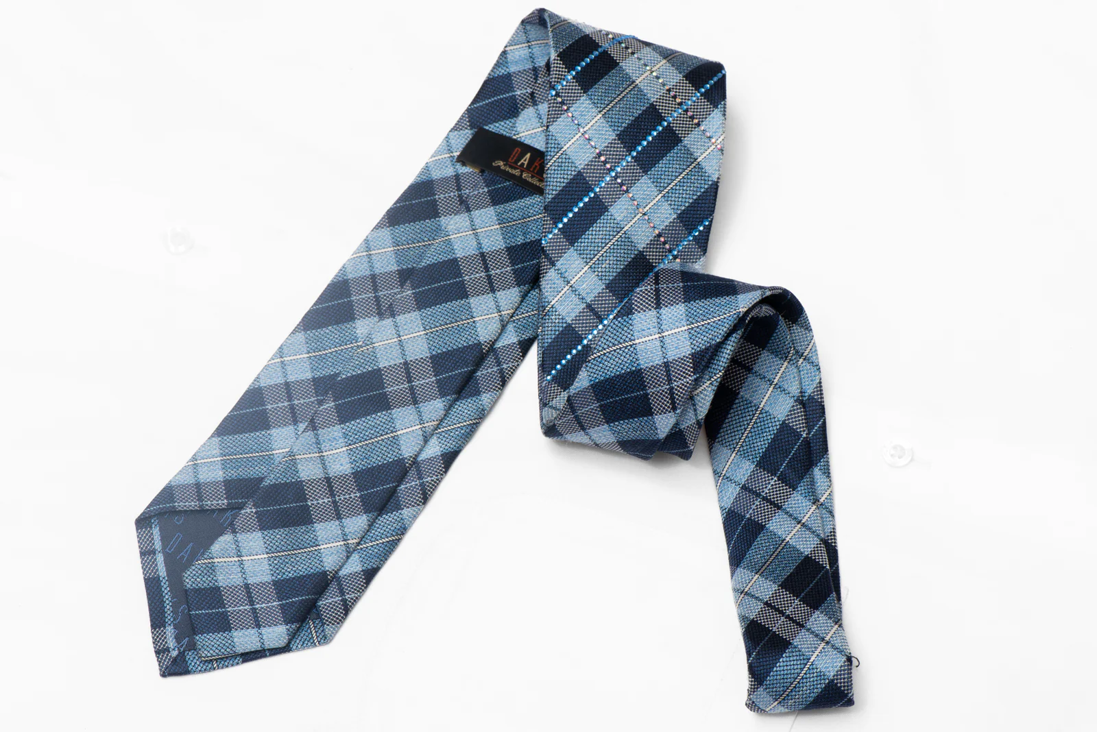Blue Plaid Rhinestone Silk Necktie - Image 3