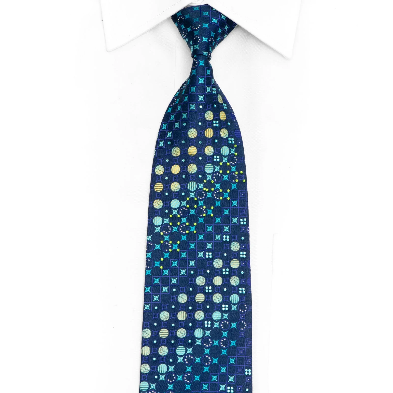 Blue Purple Yellow Geometric On Navy Rhinestone Tie With Silver Sparkles