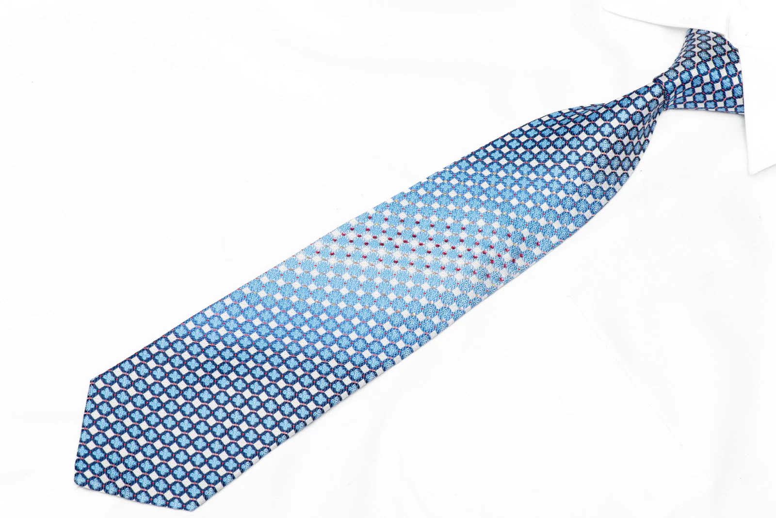 Blue Silver Foulard Checker Rhinestone Silk Necktie With Red Sparkles - Image 2