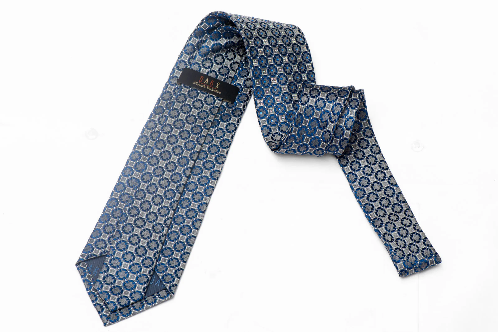 Blue Silver Geometric Design On Silver Silk Rhinestone Tie With Sparkles - Image 3