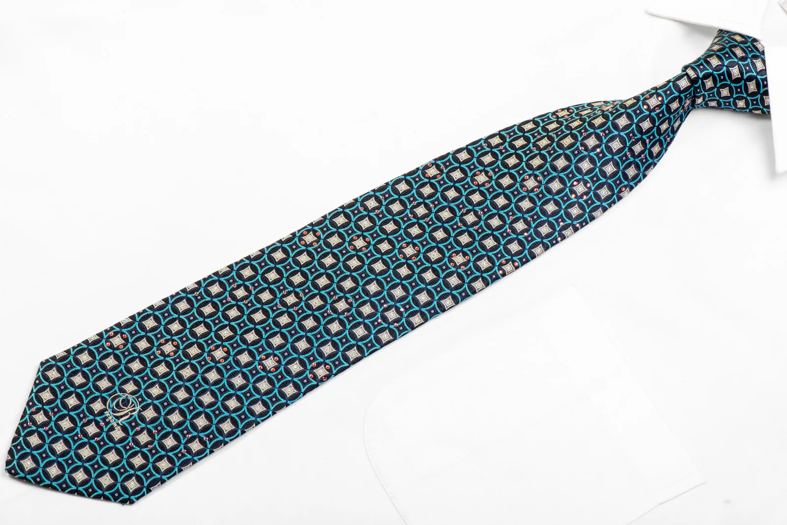 Blue Silver Geometric On Black Rhinestone Necktie With Sparkles - Image 3
