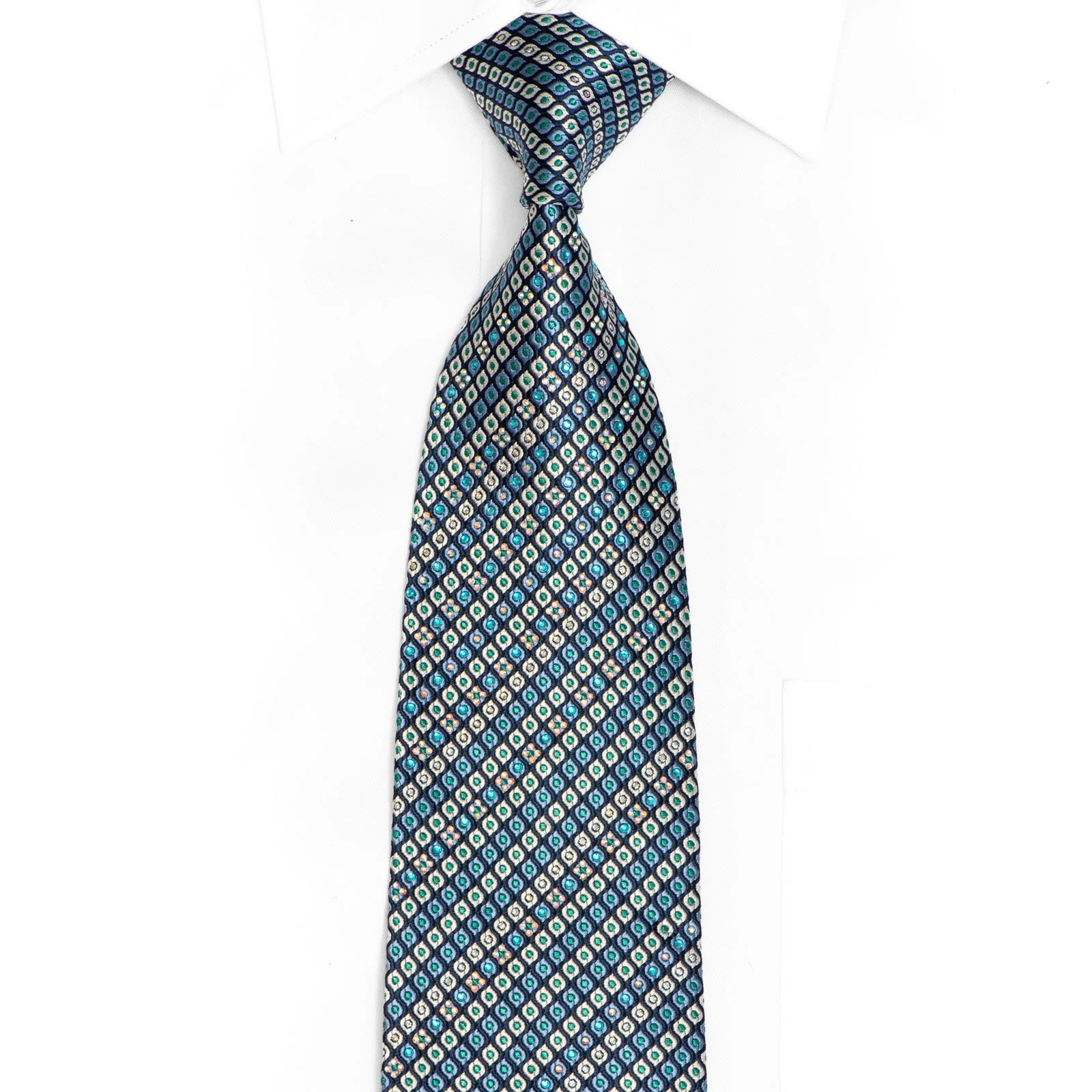 Blue Silver Geometric Rhinestone Silk Tie With Sparkles