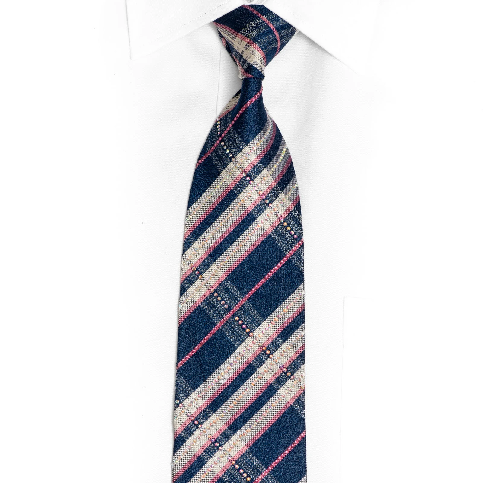 Blue Silver Pink Plaid Silk Tie Sparkling With Crystal Rhinestones