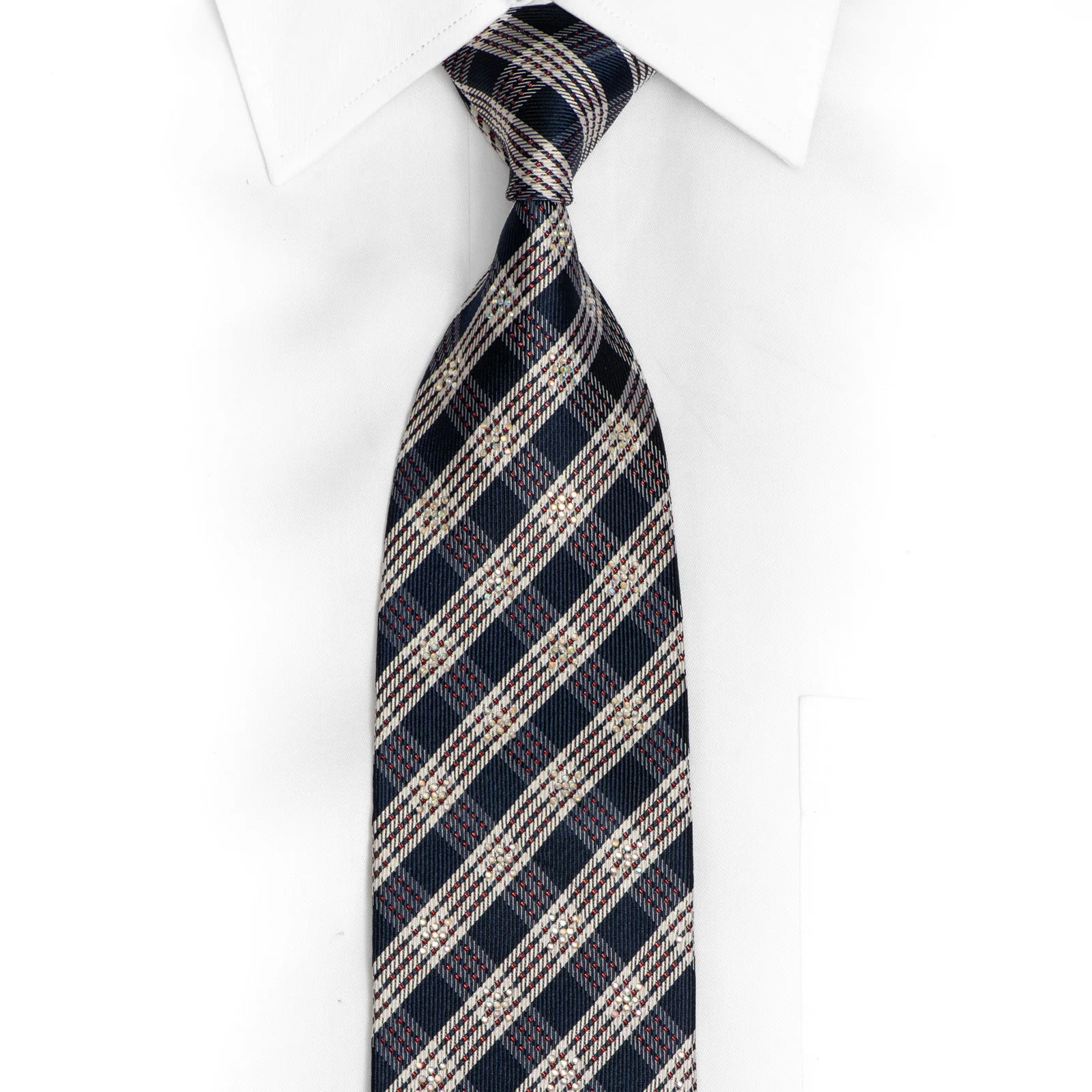 Blue Silver Plaid Rhinestone Silk Tie With Red Sparkles