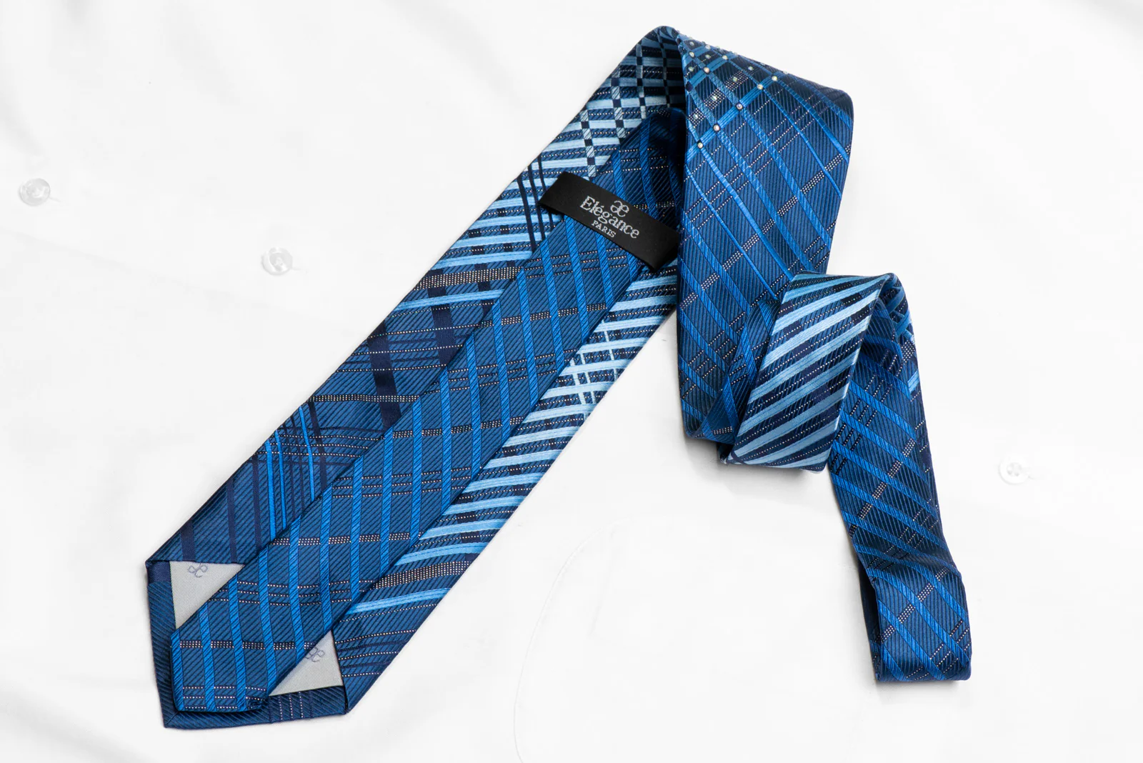 Blue Striped On Navy Rhinestone Silk Necktie With Silver Sparkles - Image 4