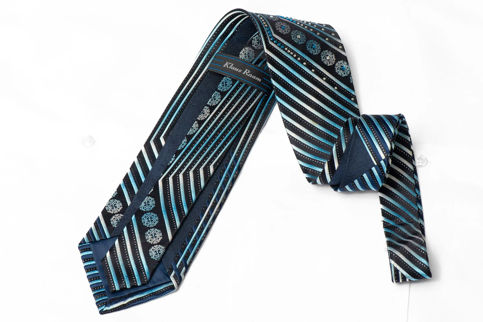 Blue Striped On Navy Rhinestone Tie With Silver Sparkles - Image 3