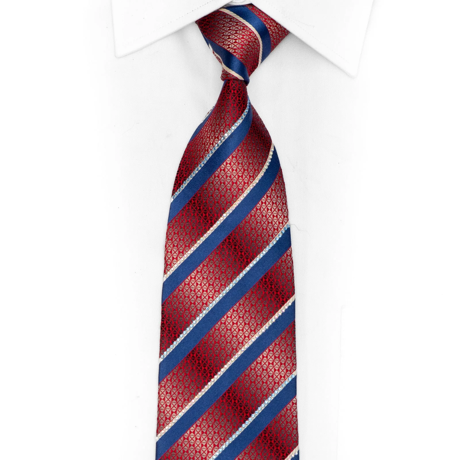 Blue Striped On Red Geometric Rhinestone Crystal Necktie