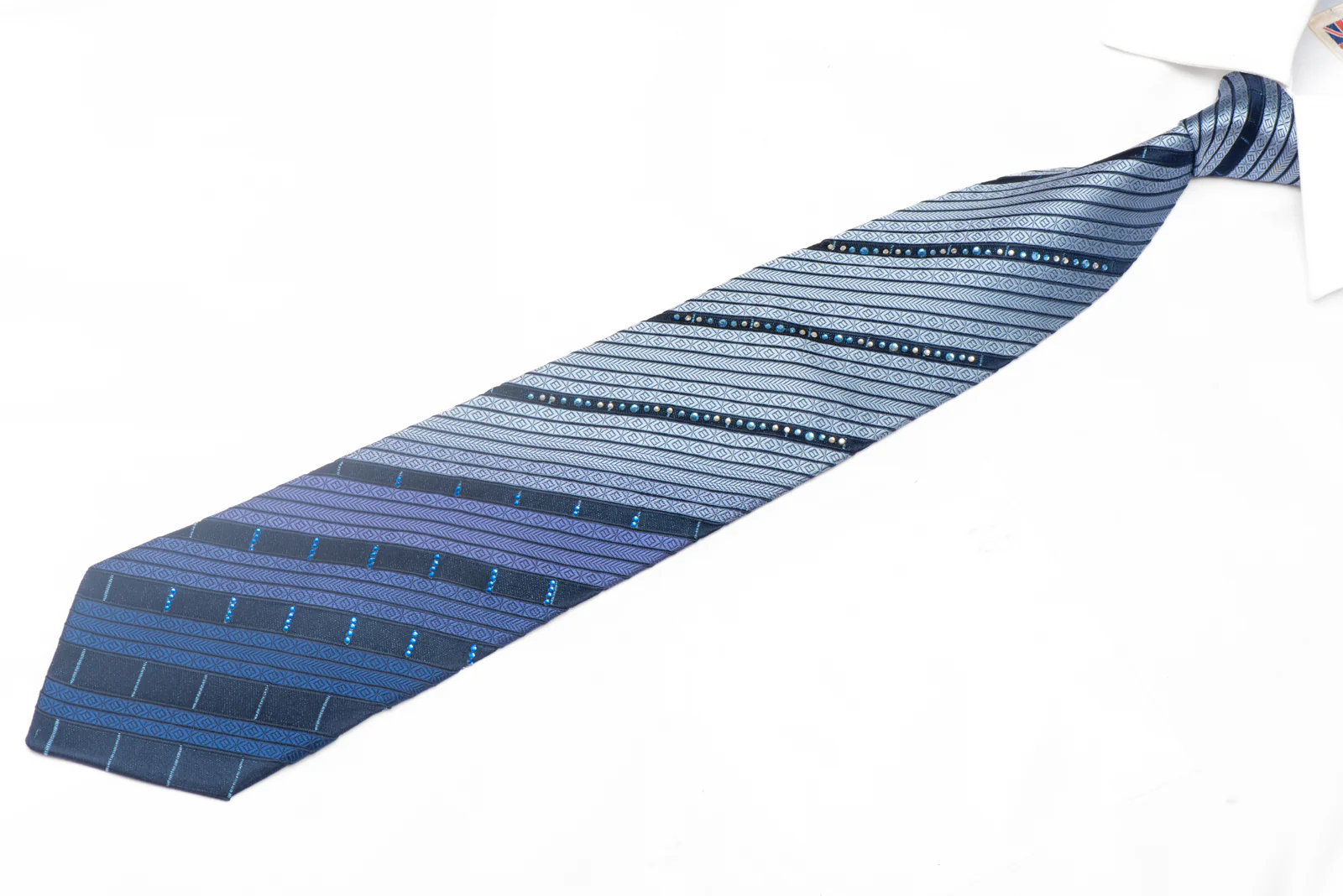 Blue Striped Rhinestone Silk Necktie With Silver Sparkles - Image 2