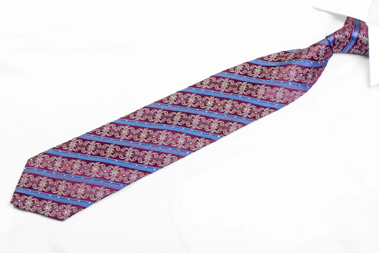 Blue Striped & Silver Cartouche On Burgundy Rhinestone Tie With Sparkles - Image 3