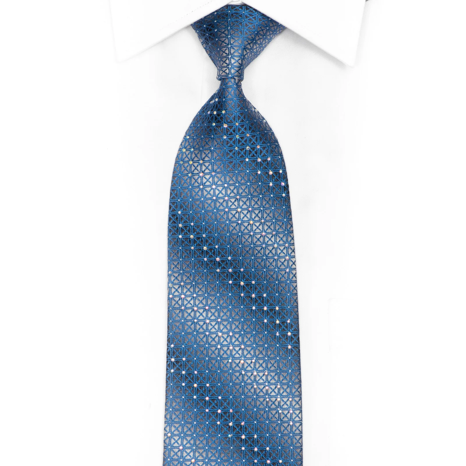 Blue Trellis Design On Silver Rhinestone Silk Necktie With Sparkles