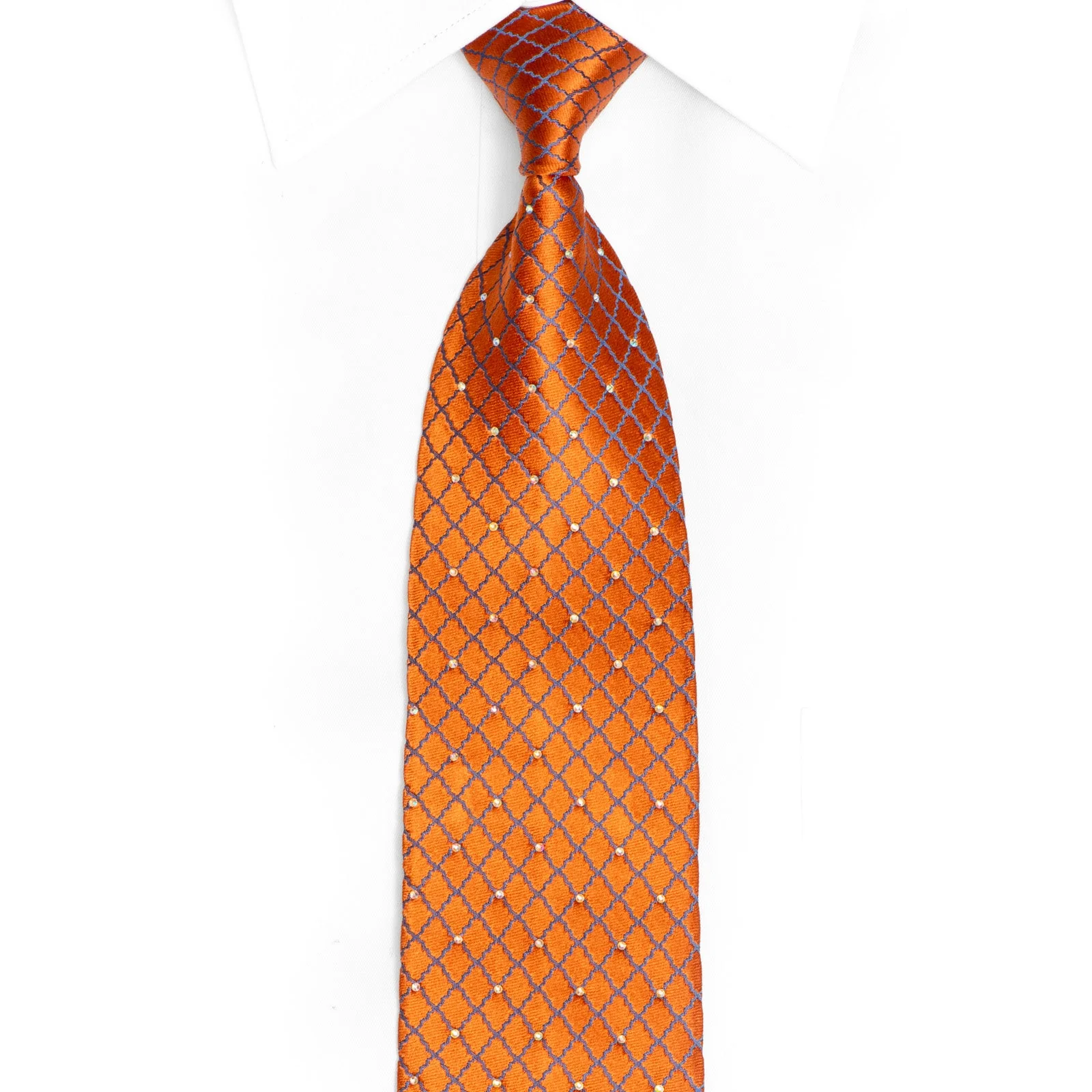 Blue Trellis On Orange Rhinestone Silk Necktie