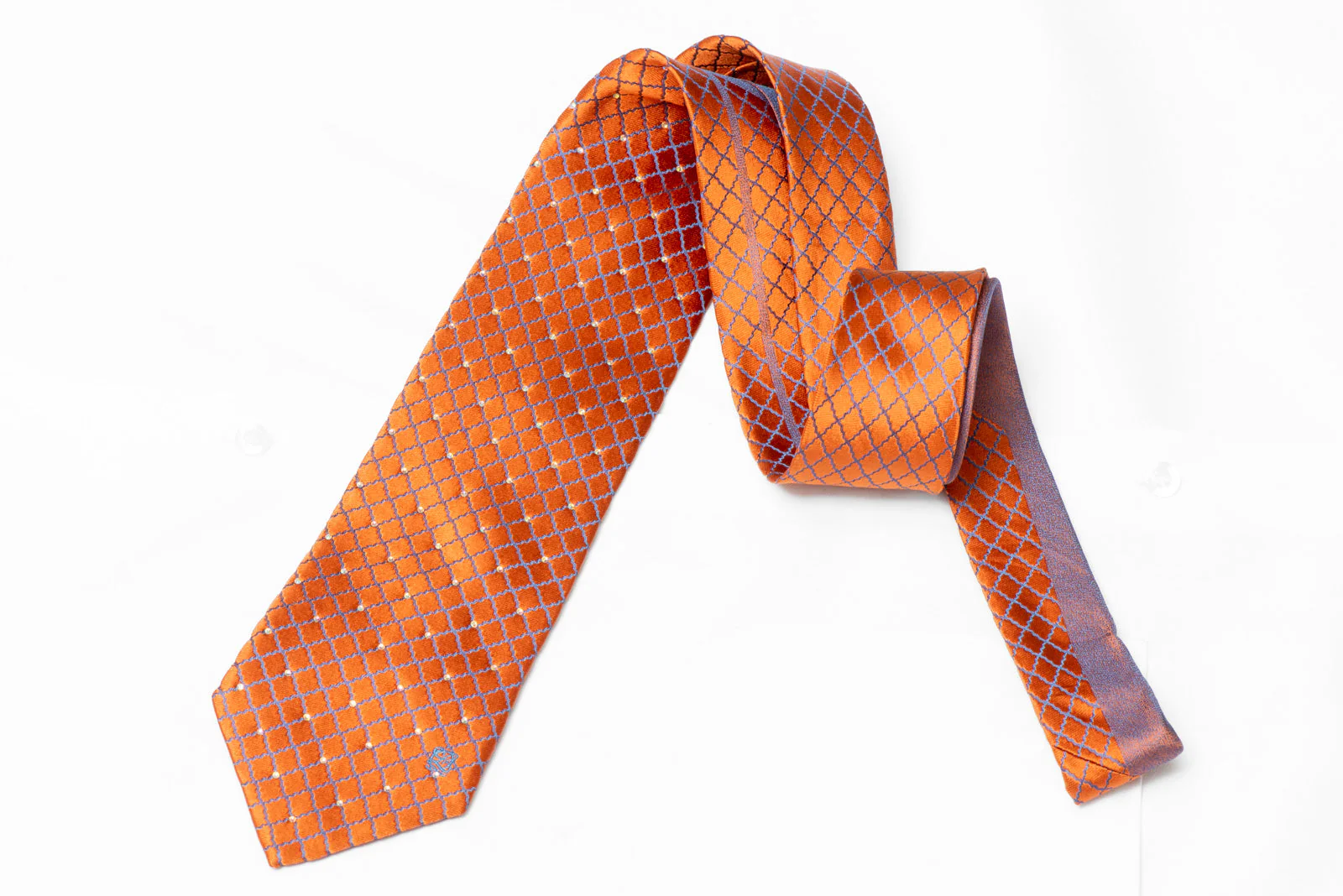 Blue Trellis On Orange Rhinestone Silk Necktie - Image 3