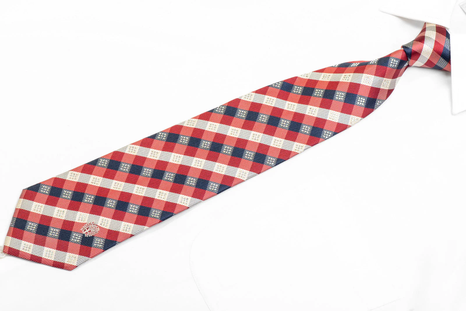 Blue Silver Burgundy Plaid Rhinestone Silk Necktie With Silver Sparkles - Image 3